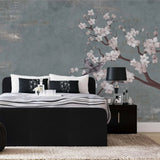 Tapet personalizat zen oriental cu cires japonez si pasari pe un fundal albastru/gri inchis texturat cherry blue