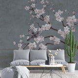 Tapet personalizat zen oriental cu cires japonez si pasari pe un fundal albastru/gri inchis texturat cherry blue