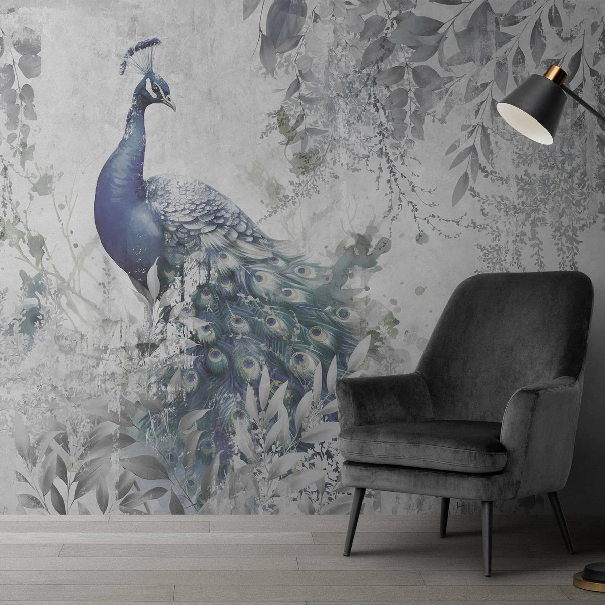 Tapet personalizat zen oriental cu paun aflat printre frunze intr un fundal deschis wisdom