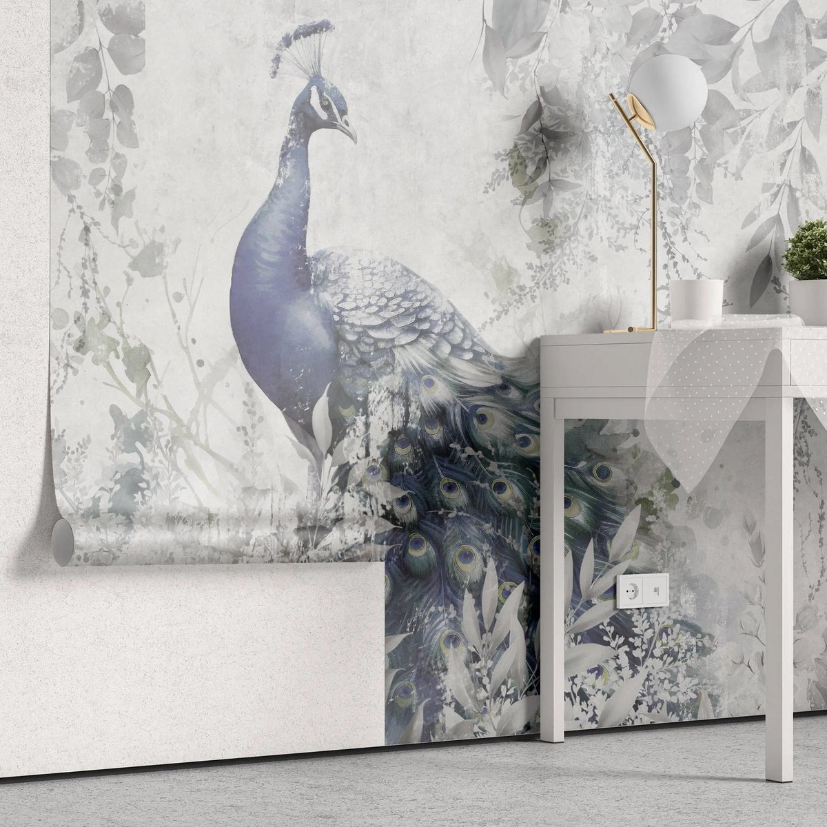 Tapet personalizat zen oriental cu paun aflat printre frunze intr un fundal deschis wisdom