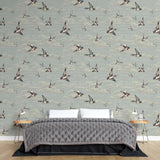 Tapet personalizat zen oriental cu randunici zburand pe cerul albastru spring swallows blue