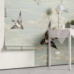 Tapet personalizat zen oriental cu randunici zburand pe cerul albastru spring swallows blue