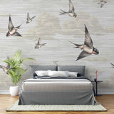 Tapet personalizat zen oriental cu randunici zburand pe cerul bej spring swallows beige