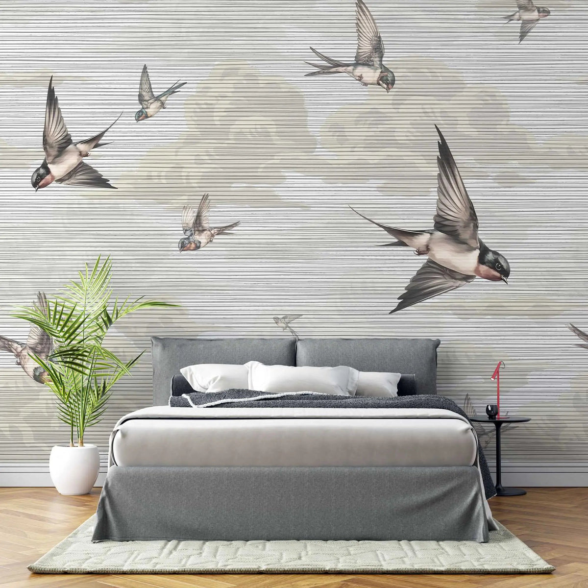 Tapet personalizat zen oriental cu randunici zburand pe cerul bej spring swallows beige