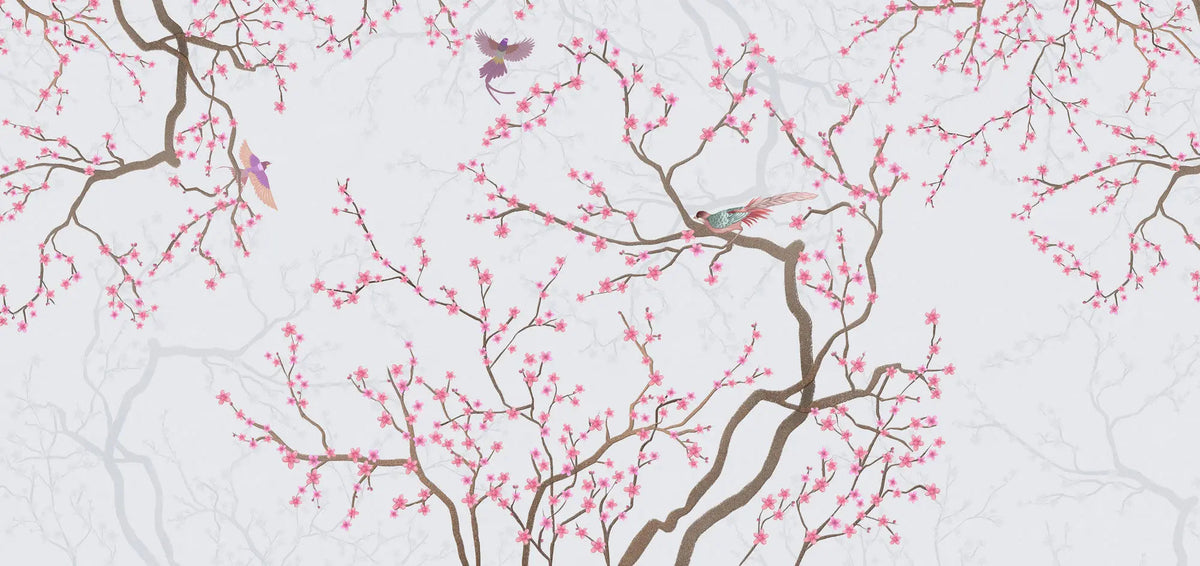 Tapet personalizat zen oriental chinoiserie cu copaci infloriti roz si pasari pink blossom