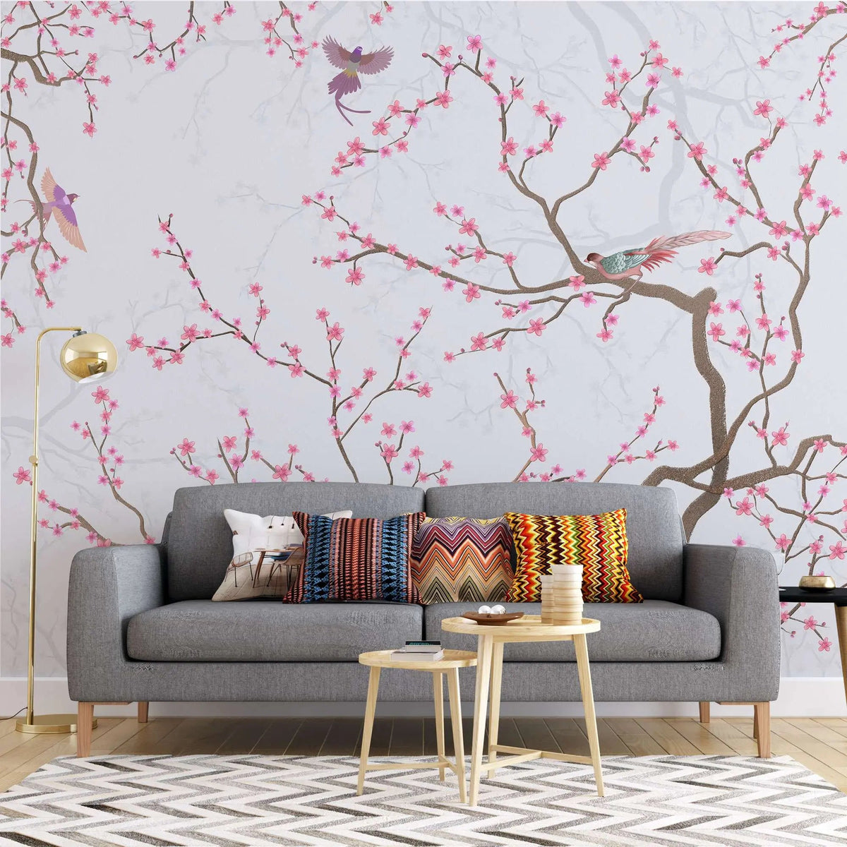 Tapet personalizat zen oriental chinoiserie cu copaci infloriti roz si pasari pink blossom