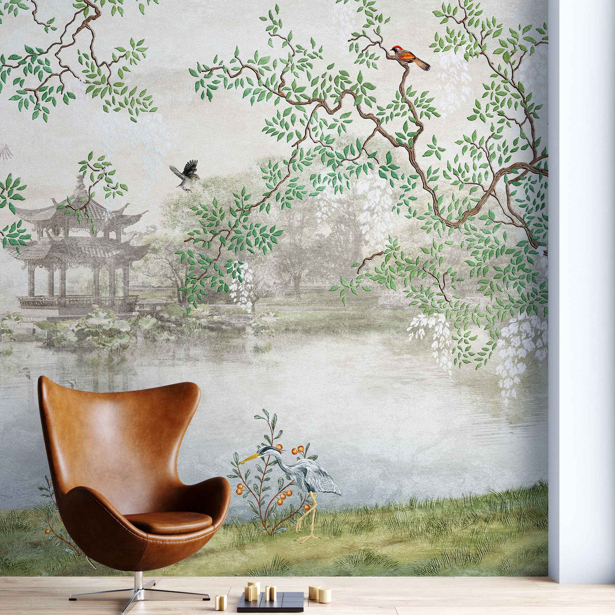 Tapet personalizat zen oriental chinoiserie cu peisaj oriental cu pasari si copaci inconjurati de lac oriental landscape