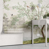 Tapet personalizat zen oriental chinoiserie cu peisaj oriental cu pasari si copaci inconjurati de lac oriental landscape
