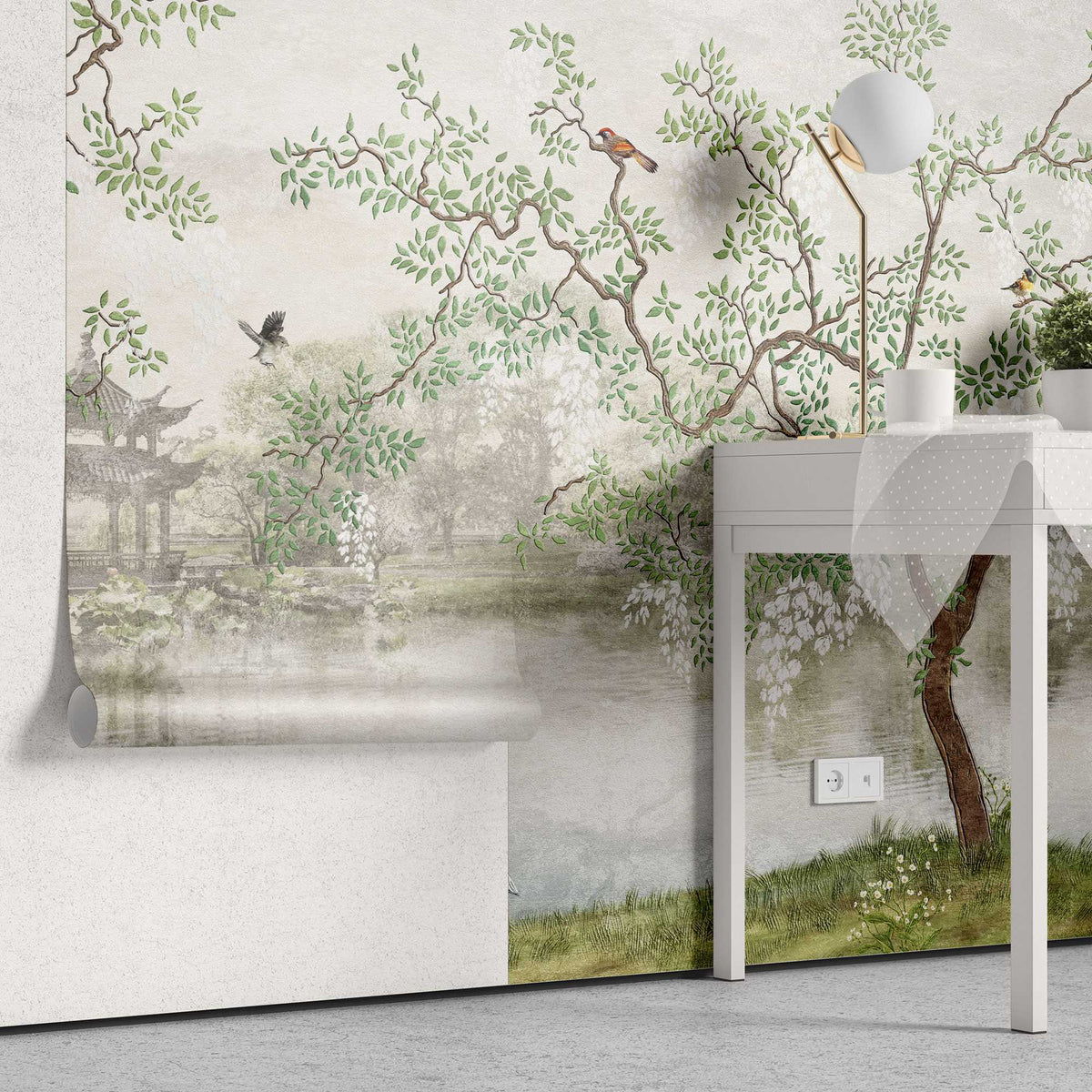 Tapet personalizat zen oriental chinoiserie cu peisaj oriental cu pasari si copaci inconjurati de lac oriental landscape