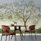 Tapet personalizat zen oriental chinoiserie cu peisaj oriental cu pasari si copaci langa lac oriental dawn