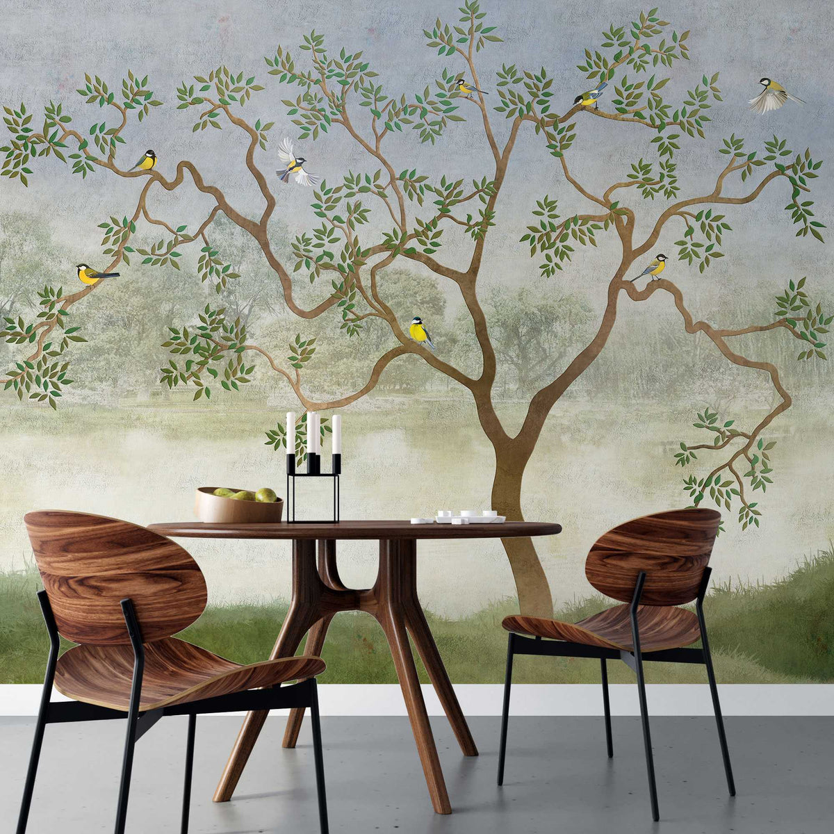 Tapet personalizat zen oriental chinoiserie cu peisaj oriental cu pasari si copaci langa lac oriental dawn