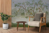 Tapet personalizat zen oriental chinoiserie cu peisaj oriental cu pasari si copaci langa lac oriental dawn
