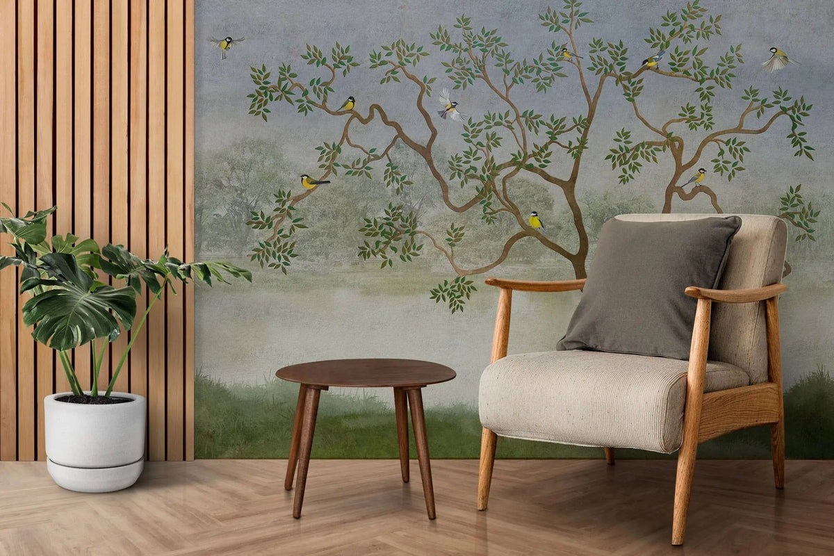 Tapet personalizat zen oriental chinoiserie cu peisaj oriental cu pasari si copaci langa lac oriental dawn
