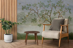 Tapet personalizat zen oriental chinoiserie cu peisaj oriental cu pasari si copaci langa lac oriental dawn