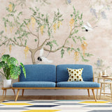 Tapet personalizat zen oriental chinoiserie cu peisaj oriental cu pasari in copac oriental cu fundal roz texturat crane chinoiserie