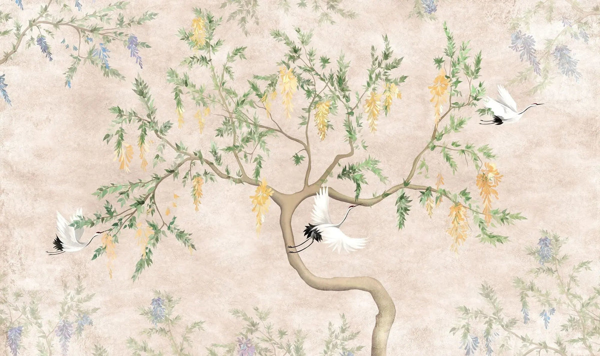 Tapet personalizat zen oriental chinoiserie cu peisaj oriental cu pasari in copac oriental cu fundal roz texturat crane chinoiserie