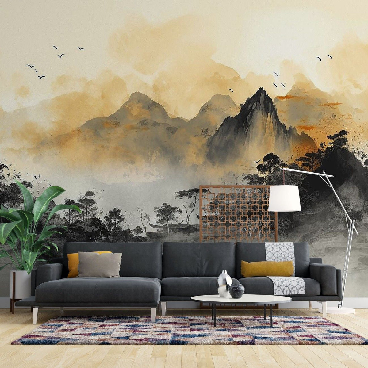 Tapet personalizat zen oriental ce ilustreaza un sat linistit de munte cu arhitectura traditionala in tonuri calme aducand o nota de pace si simplitate quiet village