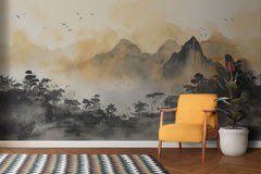 Tapet personalizat zen oriental ce ilustreaza un sat linistit de munte cu arhitectura traditionala in tonuri calme aducand o nota de pace si simplitate quiet village