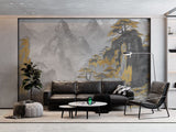 Tapet personalizat zen oriental cu un peisaj monocrom cu accent aurii ce evidentiaza un lac in care se reflecta formele si culorile apusului creand o imagine de o frumusete calda si linistitoare shimmering reflection