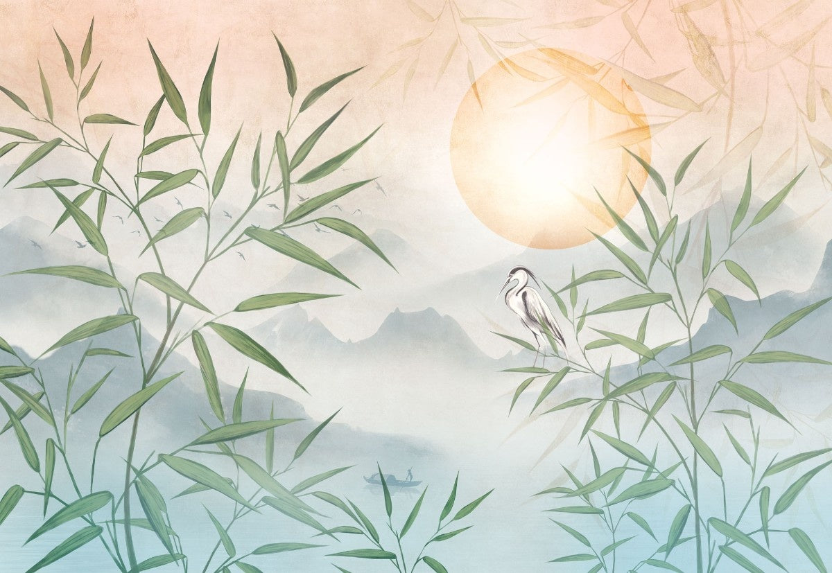 Tapet personalizat zen oriental cu un peisaj al muntelui la apus inspirand o stare de profunda liniste si o invitatie la contemplare si armonie interioara mindfulness