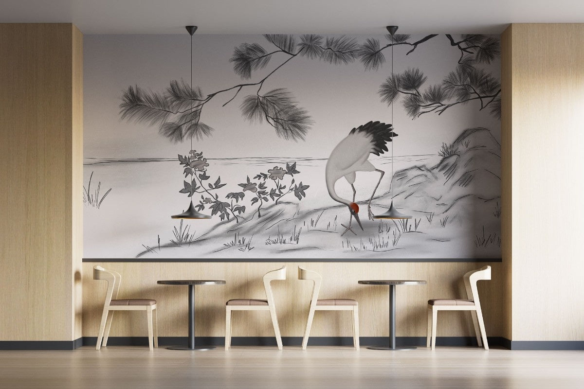 Tapet personalizat zen oriental cu o schita artistica de cocor creand un efect vizual delicat si plin de gratie sketch crane