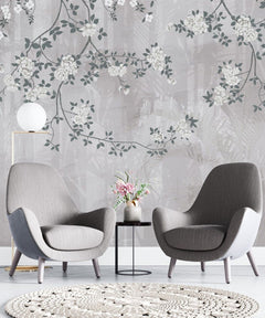 Tapet personalizat zen oriental chinoiserie cu elemente florale pe un fundal de umbre de bambus aducand o nota de eleganta exotica si rafinament bamboo chinoiserie