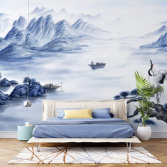 Tapet Zen Oriental cu peisaj montan pe apa cu barci si egrete - BLUE ORIENTAL SCENERY