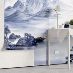 Tapet Zen Oriental cu peisaj montan pe apa cu barci si egrete - BLUE ORIENTAL SCENERY