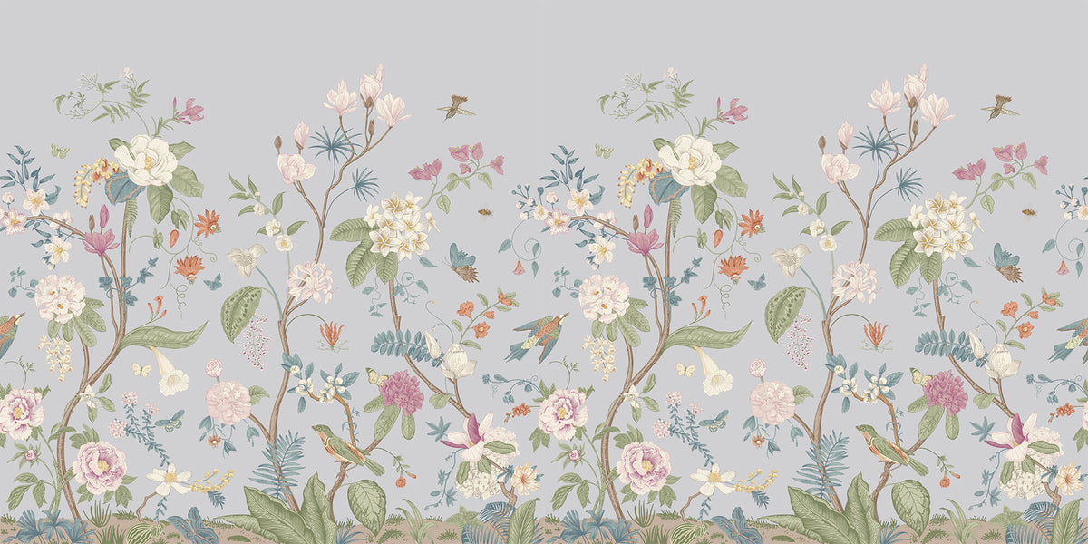 Tapet Zen Oriental cu gradina inflorita in stil chinoiserie cu fundal gri-albastrui - LIGHT BLUE CHINOISERIE