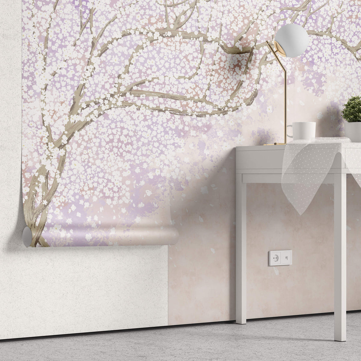 Tapet Zen Oriental cu copac inflorit in nuante de roz si mov - CHERRY BLOSSOM CHINOISERIE
