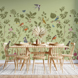Tapet Zen Oriental cu plante fructifere verzi si pasari - MINTY BIRD CHINOISERIE