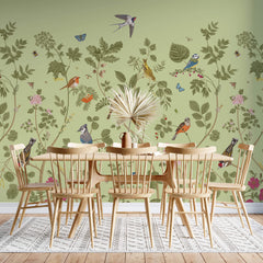 Tapet Zen Oriental cu plante fructifere verzi si pasari - MINTY BIRD CHINOISERIE
