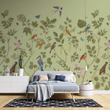 Tapet Zen Oriental cu plante fructifere verzi si pasari - MINTY BIRD CHINOISERIE