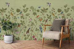Tapet Zen Oriental cu plante fructifere verzi si pasari - MINTY BIRD CHINOISERIE