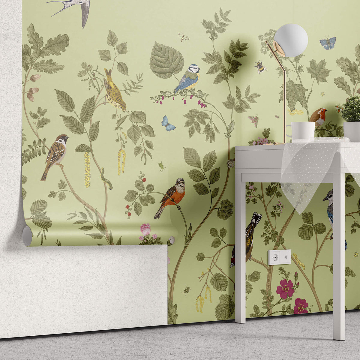 Tapet Zen Oriental cu plante fructifere verzi si pasari - MINTY BIRD CHINOISERIE
