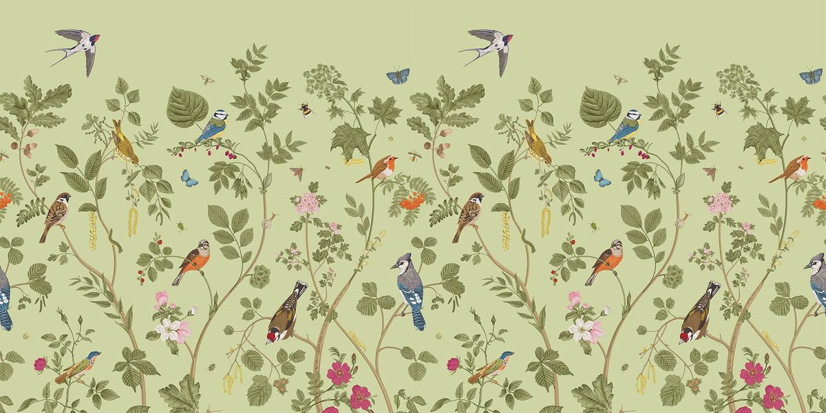Tapet Zen Oriental cu plante fructifere verzi si pasari - MINTY BIRD CHINOISERIE