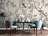 Tapet Zen Oriental cu copaci asiatici infloriti si pasari albastre - BLUE JAY CHINOISERIE