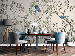 Tapet Zen Oriental cu copaci asiatici infloriti si pasari albastre - BLUE JAY CHINOISERIE