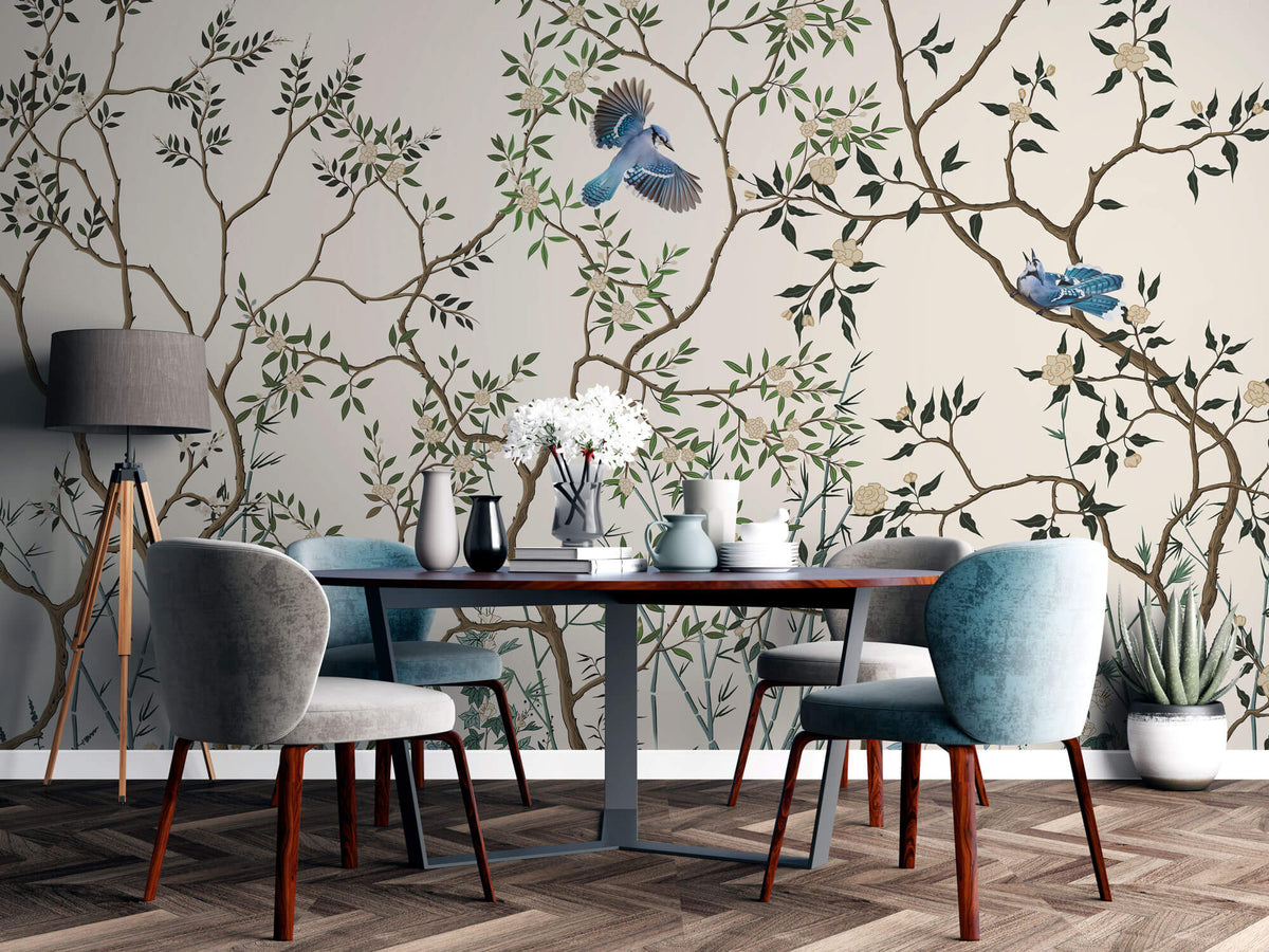 Tapet Zen Oriental cu copaci asiatici infloriti si pasari albastre - BLUE JAY CHINOISERIE