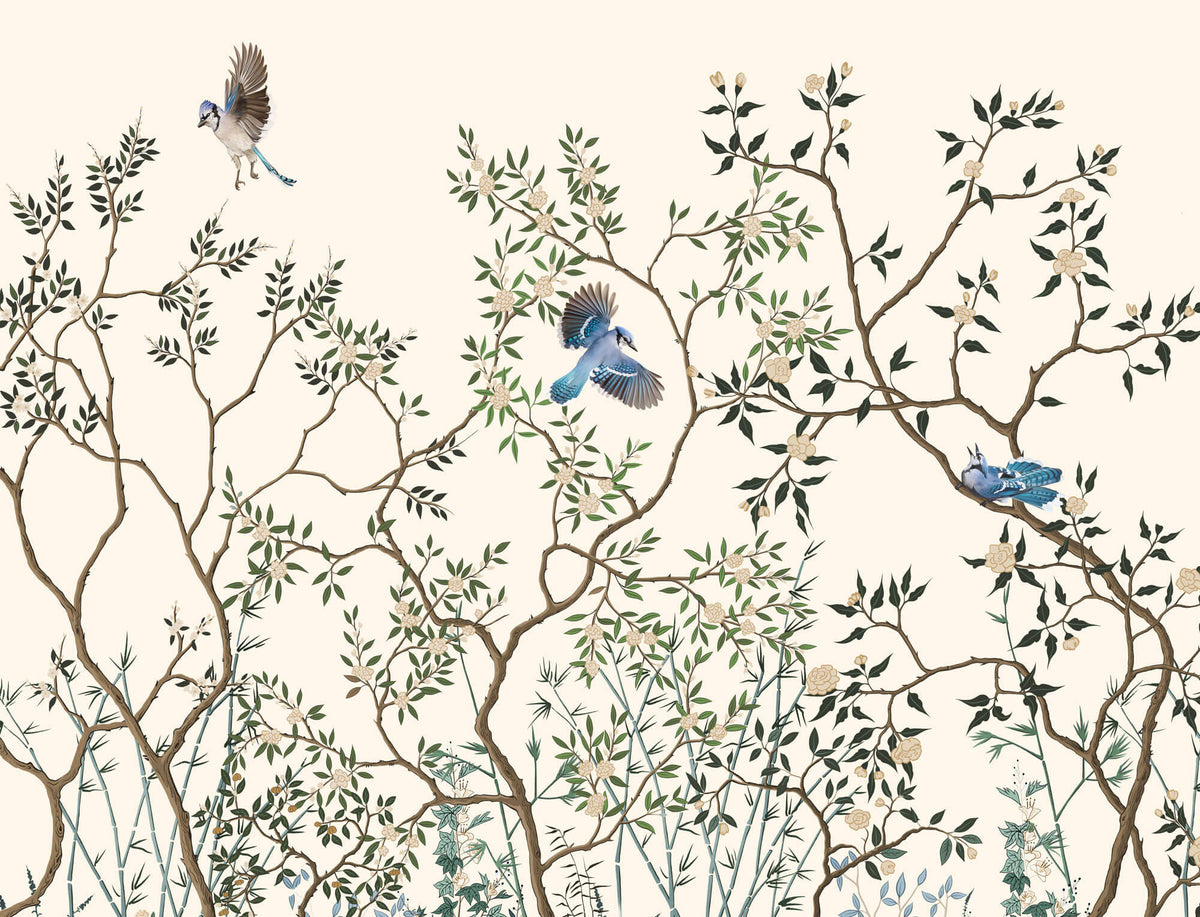 Tapet Zen Oriental cu copaci asiatici infloriti si pasari albastre - BLUE JAY CHINOISERIE