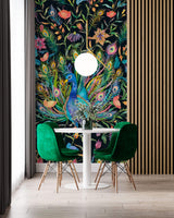 Tapet Zen Oriental cu paun inflorit colorat pe un fudal negru - COLORFUL PEACOCK