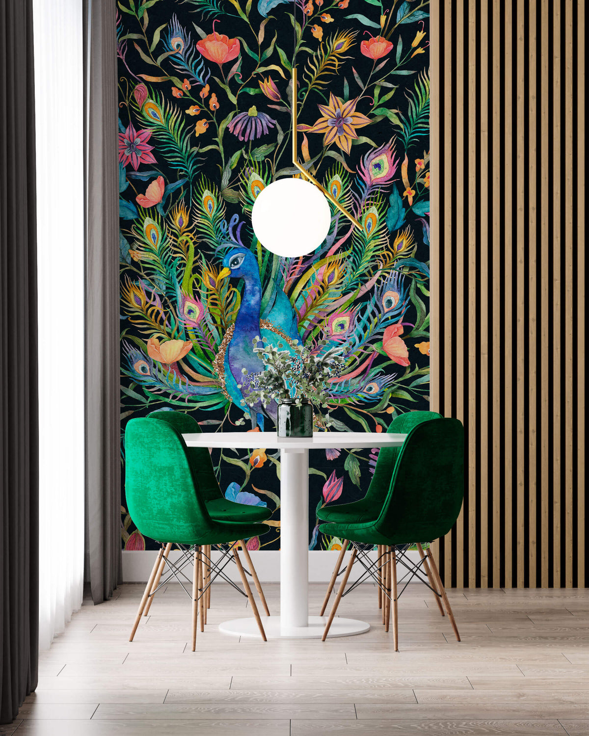 Tapet Zen Oriental cu paun inflorit colorat pe un fudal negru - COLORFUL PEACOCK