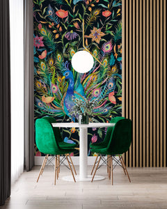 Tapet Zen Oriental cu paun inflorit colorat pe un fudal negru - COLORFUL PEACOCK