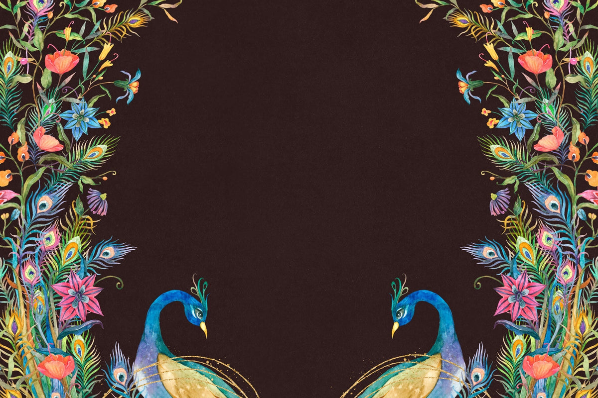 Tapet Zen Oriental cu pauni infloriti pe un fundal maro texturat - FLOWER FRAMED PEACOKS