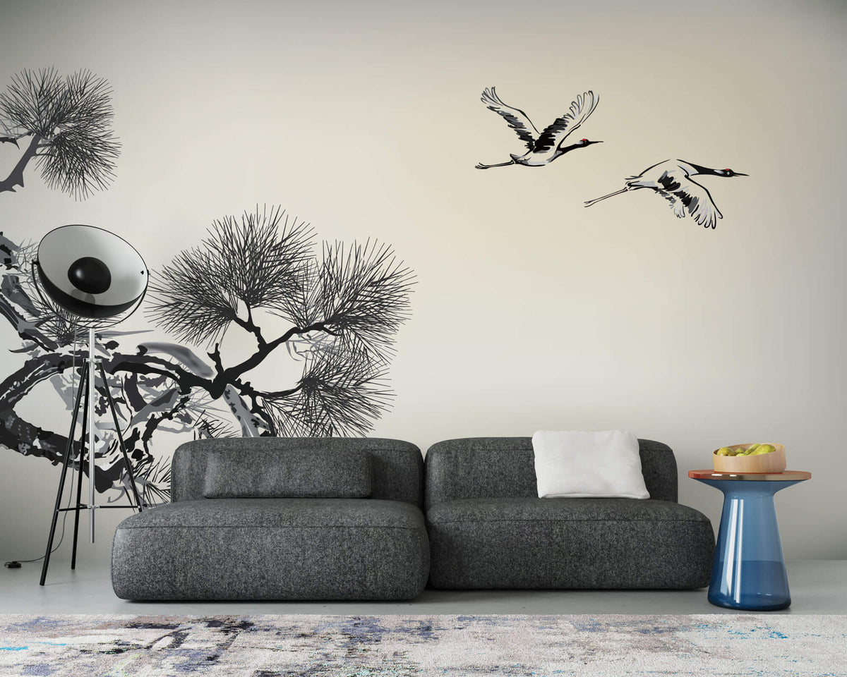 Tapet Zen Oriental cu natura orientala abstracta - INK CRANES