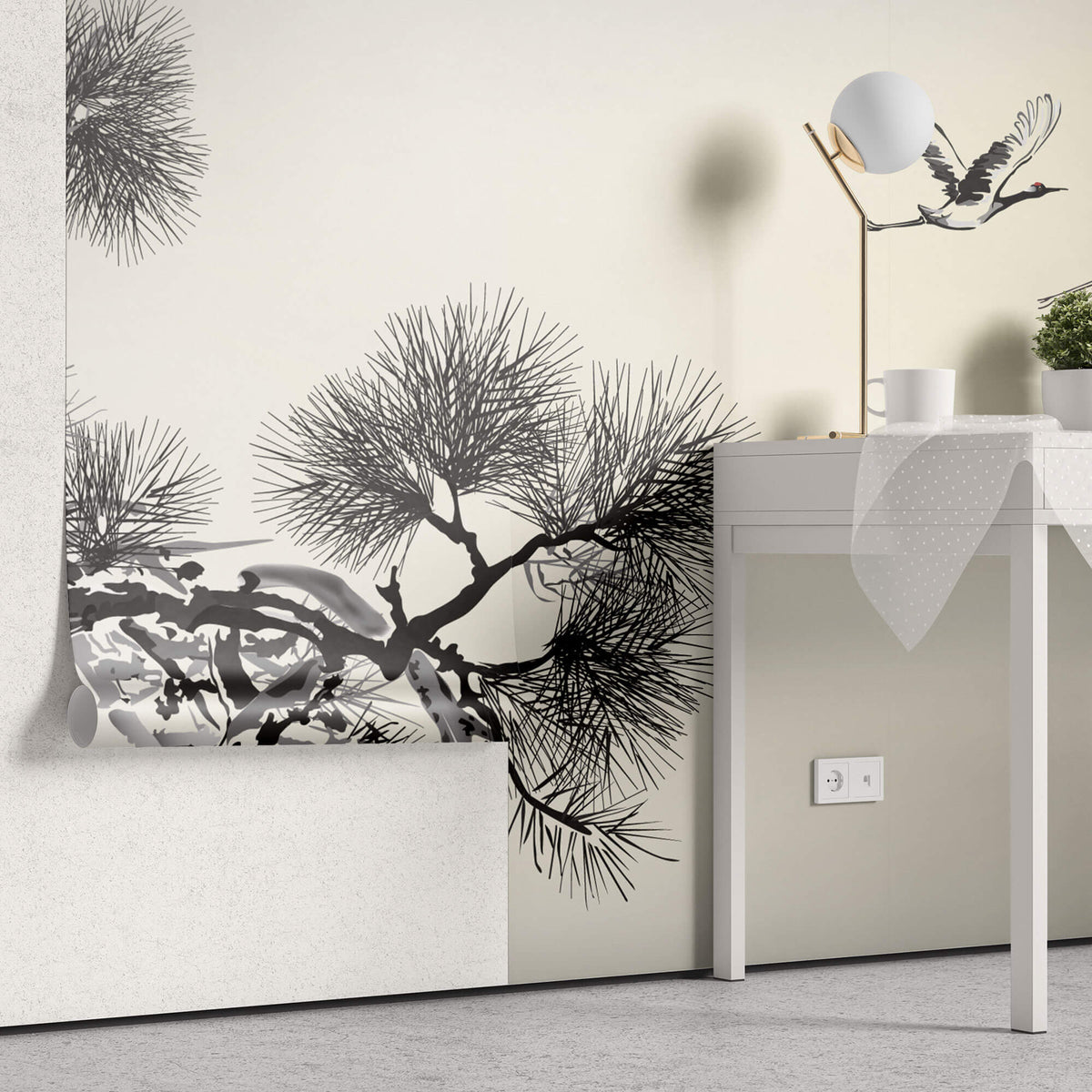 Tapet Zen Oriental cu natura orientala abstracta - INK CRANES