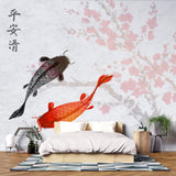 Tapet Zen Oriental cu crapi chinezesti si cires rosu inflorit - SAKURA CARP FISH