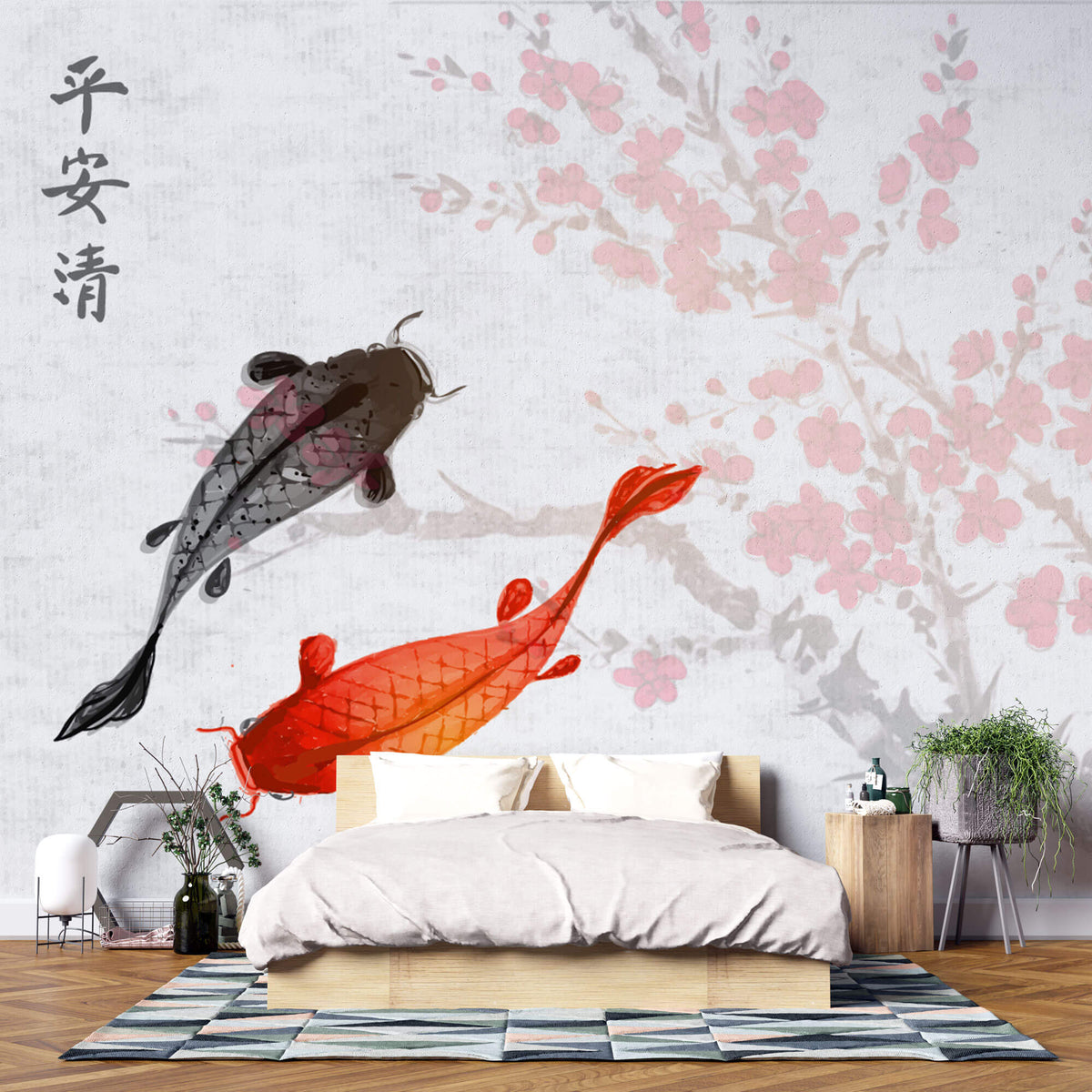 Tapet Zen Oriental cu crapi chinezesti si cires rosu inflorit - SAKURA CARP FISH