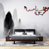 Tapet Zen Oriental cu prun rosu si munti pictati in stil watercolor - ORIENTAL RED PLUM