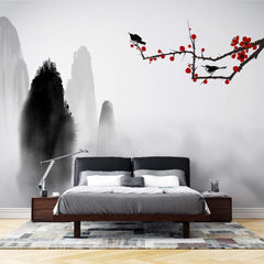 Tapet Zen Oriental cu prun rosu si munti pictati in stil watercolor - ORIENTAL RED PLUM